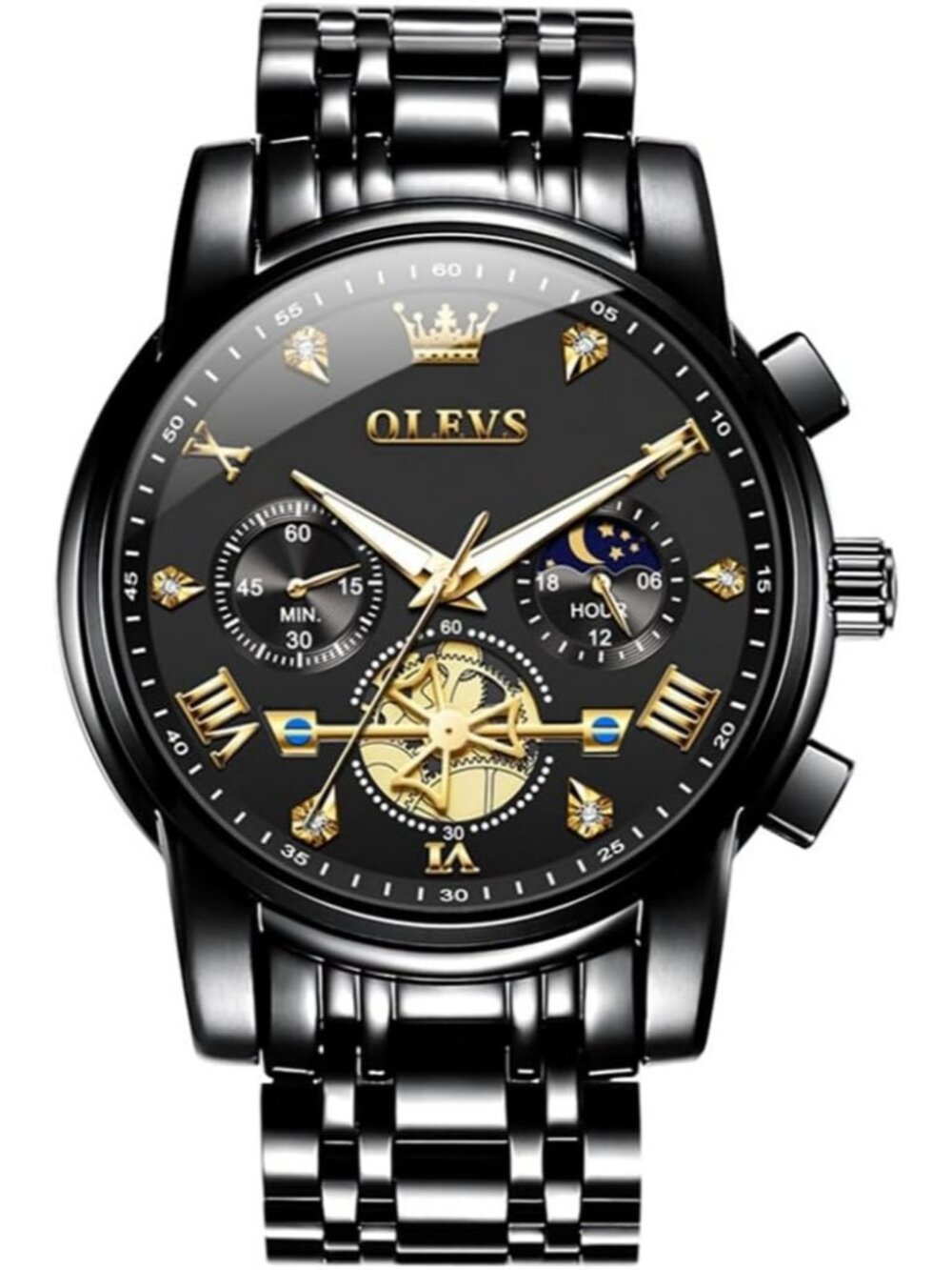 OLEVS Mens All Black Dress Watch Stainless Steel Luminous Waterproof Wrist Watch